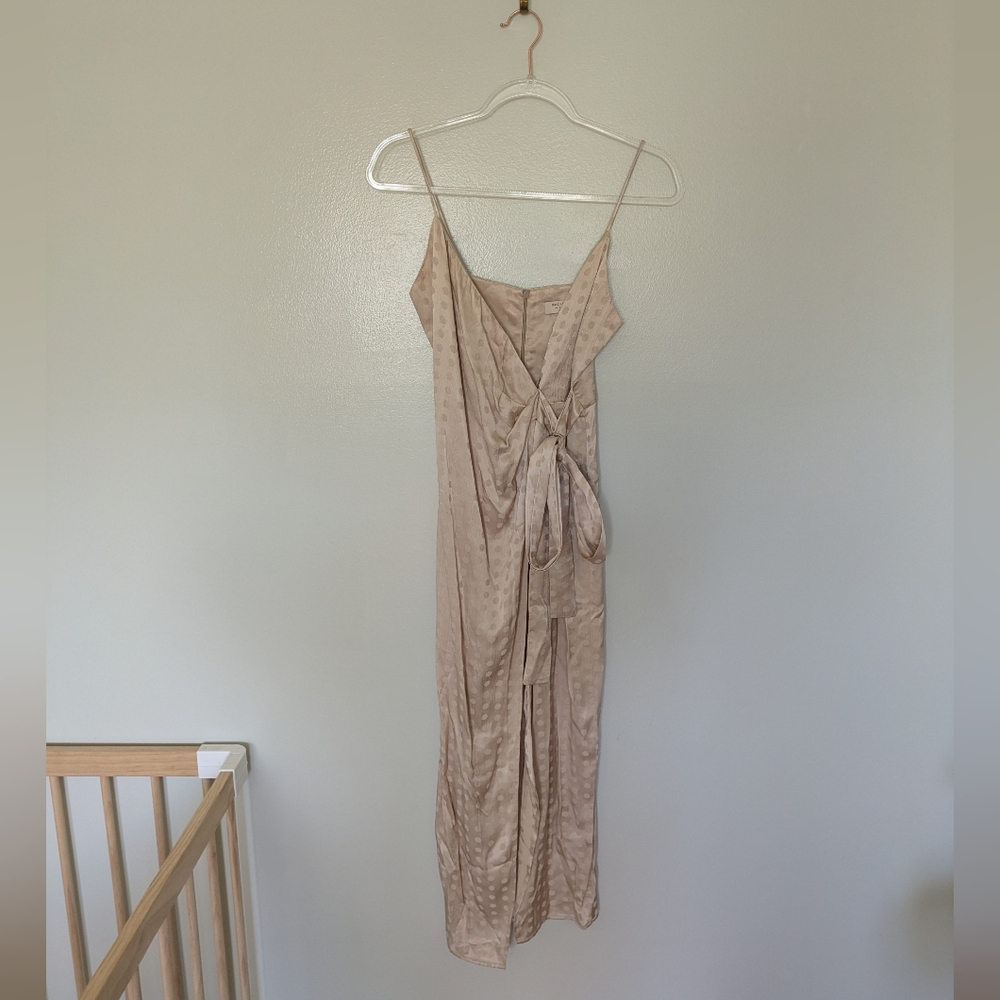 BEC & BRIDGE Dottie Ray Satin Champagne Polka Dot Faux Wrap Midi Dress 2